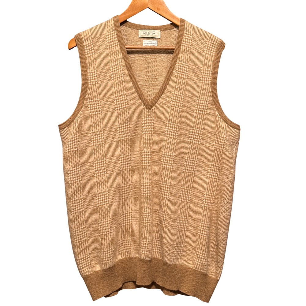 Paul Stuart Scotland Geelong Lambswool V-Neck Sweater Vest Tan Plaid Mens Large